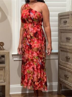NWT LARAG MADE IN ITALY SILK BLEND FLORAL MIDI DRESS ONE SHOULDER sz M 6-8*